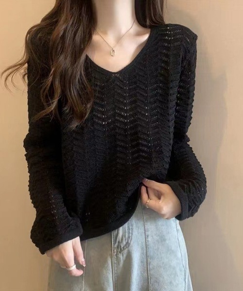 Miniministore(ミニミニストア)の「透かし編みニット メッシュニット 春秋冬(ニット/セーター・レディース・黄緑系/モカ/ホワイト/ブラック・FREE)」の7枚目の写真