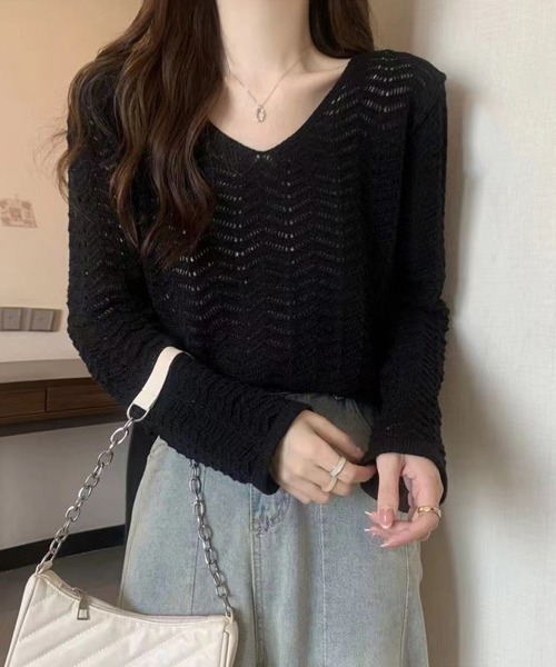 Miniministore(ミニミニストア)の「透かし編みニット メッシュニット 春秋冬(ニット/セーター・レディース・黄緑系/モカ/ホワイト/ブラック・FREE)」の8枚目の写真