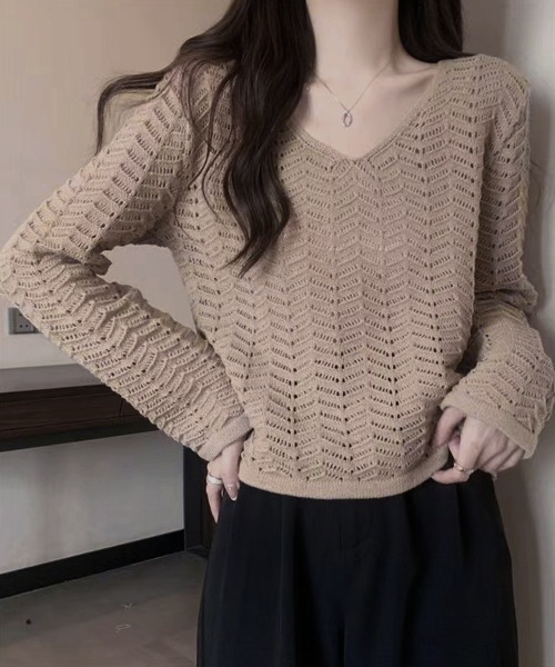 Miniministore(ミニミニストア)の「透かし編みニット メッシュニット 春秋冬(ニット/セーター・レディース・黄緑系/モカ/ホワイト/ブラック・FREE)」の9枚目の写真