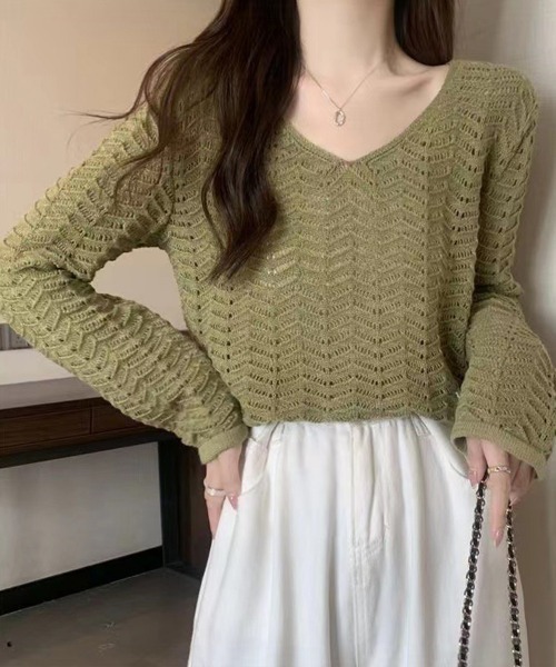 Miniministore(ミニミニストア)の「透かし編みニット メッシュニット 春秋冬(ニット/セーター・レディース・黄緑系/モカ/ホワイト/ブラック・FREE)」の10枚目の写真
