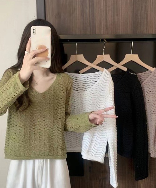 Miniministore(ミニミニストア)の「透かし編みニット メッシュニット 春秋冬(ニット/セーター・レディース・黄緑系/モカ/ホワイト/ブラック・FREE)」の11枚目の写真