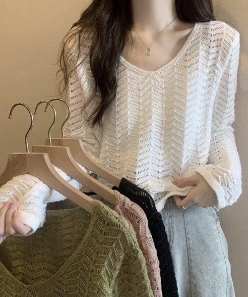 Miniministore(ミニミニストア)の「透かし編みニット メッシュニット 春秋冬(ニット/セーター・レディース・黄緑系/モカ/ホワイト/ブラック・FREE)」の12枚目の写真
