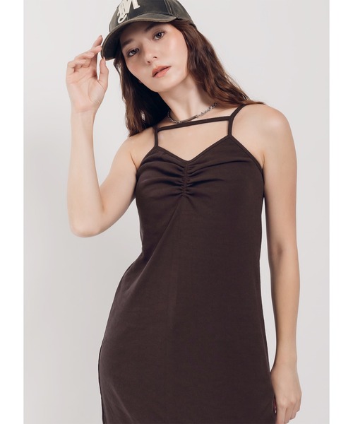 Adoon plain（アドーンプレーン）の「【カップ付き】ストラップリブキャミワンピース（ワンピース・レディース・グレー/ブラック/ダークブラウン・FREE）」の3枚目の写真