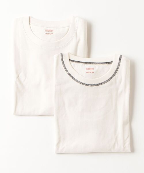 UNIVERSAL OVERALL(ユニバーサルオーバーオール)の「UNIVERSAL OVERALL / 2P両面飾りカバーステッチ生成りTEE / UVOP-007(Tシャツ/カットソー・メンズ・ブラック/オレンジ・MEDIUM/LARGE/X-LARGE/SMALL)」の1枚目の写真
