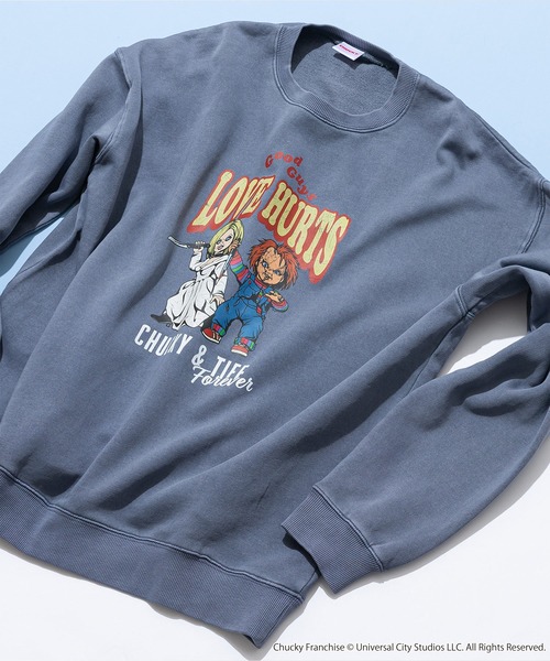 JEANS MATE(ジーンズメイト)の「【Child's Play/チャイルドプレイ】オリジナルデザイン 裏起毛パウダーブリーチ加工クルーネックスウェット チャッキー ティファニー(スウェット・メンズ・ブルー系その他/ブラック系その他・LARGE/MEDIUM/X-LARGE)」の2枚目の写真