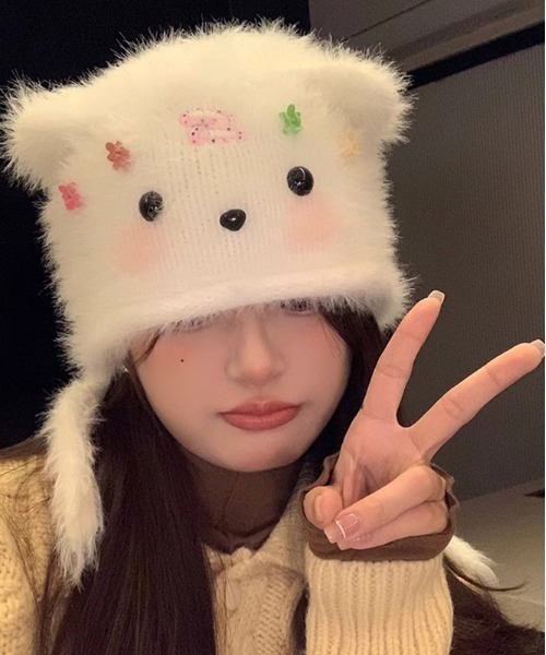 WEGO（ウィゴー）の「WEGO/フワフワワンちゃんニットキャップ/ビーニー（ニットキャップ/ビーニー・レディース・ブラウン/ホワイト・FREE）」の4枚目の写真