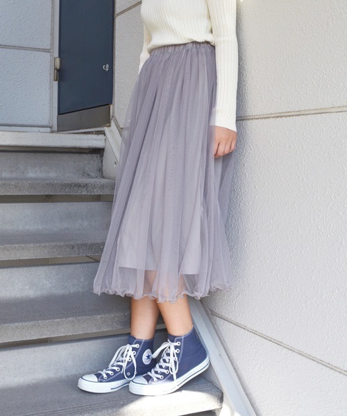 Khaju（カージュ）の「Khaju: チュールギャザースカート□（スカート・レディース・ライトグレー/キャメル/ベージュ/ライトブルーグレー/カーキ・ONE SIZE）」の2枚目の写真