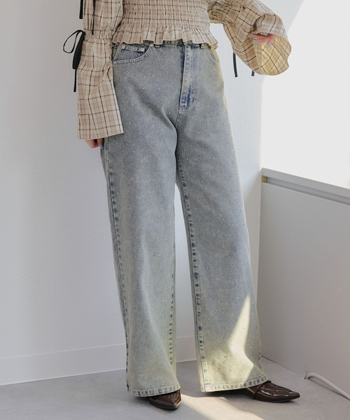 continuer de NICE CLAUP ストーン付デニムパンツ continuer de NICE CLAUP/【春の新作】ラインストーン付デニム