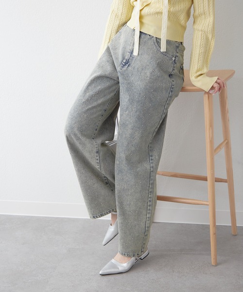continuer de NICE CLAUP ストーン付デニムパンツ continuer de NICE CLAUP/【春の新作】ラインストーン付デニム