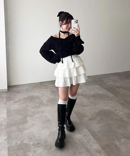 apres jour（アプレジュール）の「襟付きリボンオフショルニット（ニット/セーター・レディース・ブラック/オフホワイト・X-LARGE/フリー）」の16枚目の写真