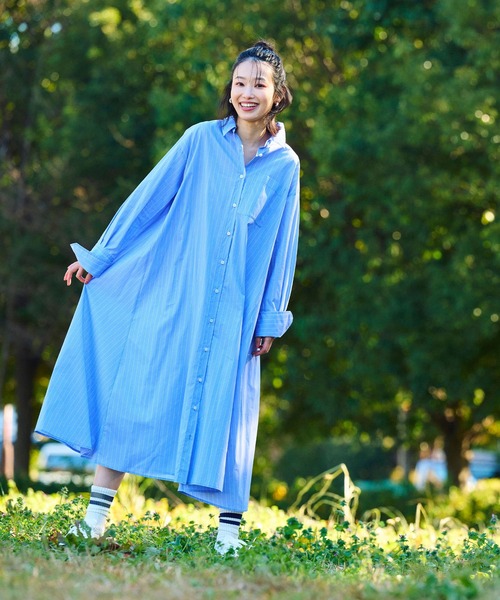 CROSS FUNCTION(クロスファンクション)の「《シワになりにくい》サマ美え ボリュームシャツワンピース【CF/クロスファンクション】(ジャンパースカート・レディース・ブルー/ブラック・LL/L/M)」の10枚目の写真