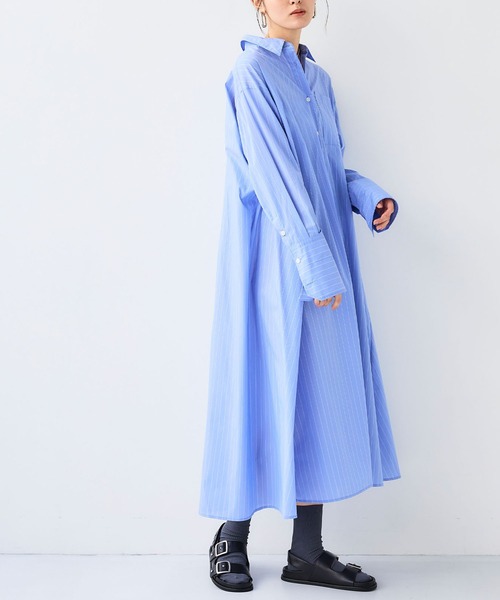 CROSS FUNCTION(クロスファンクション)の「《シワになりにくい》サマ美え ボリュームシャツワンピース【CF/クロスファンクション】(ジャンパースカート・レディース・ブルー/ブラック・LL/L/M)」の5枚目の写真