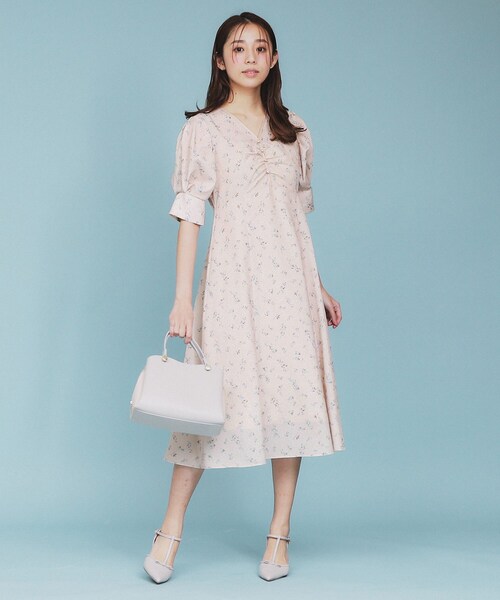 ワンピース ミディアム丈 透け感 フレア Vネック ベージュ Cinderella ワンピース ミディアムワンピース Vネック 重ね着