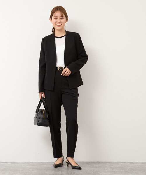 【セットアップ】ノーリーズソフィー ノーカラージャケット&テーパードパンツ セットアップ対応》ウォッシャブルウール調サージノーカラー