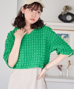 ブラウス シャツ ポップコーン素材スキッパー5分袖ブラウス レディース STYLEBLOCK ブラウス シャツ ポップコーン素材スキッパー5分袖