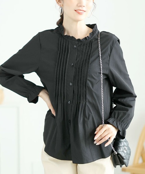 セール】フリルネックプリーツブラウス【大きいサイズ対応】（シャツ