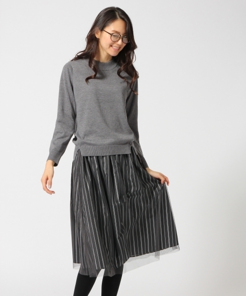 GLOBAL WORK(グローバルワーク)の「ニット*チュールスカートワンピース/570254(ワンピース・レディース・グレー/カーキ/ブラウン/ホワイト・MEDIUM/LARGE)」の3枚目の写真