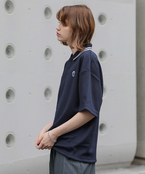 ワンポイントロゴ刺繍ドローコード付鹿の子ポンチポロシャツ