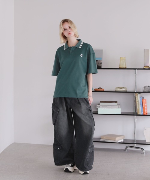 ワンポイントロゴ刺繍ドローコード付鹿の子ポンチポロシャツ