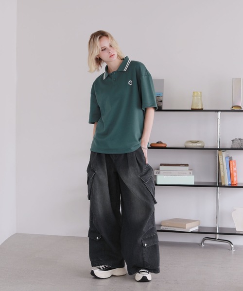 ワンポイントロゴ刺繍ドローコード付鹿の子ポンチポロシャツ