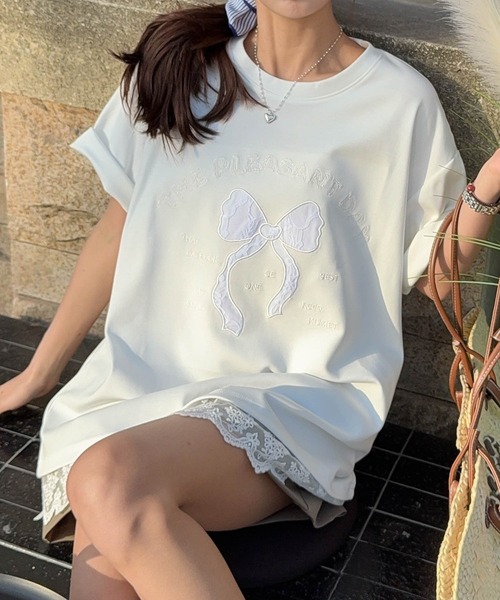aimoha(アイモハ)の「【aimoha】立体リボンモチーフプリントTシャツ (SS)(Tシャツ/カットソー・レディース・ライトベージュ/ホワイト/ピンク/ダークグレー/ブルー・FREE)」の3枚目の写真