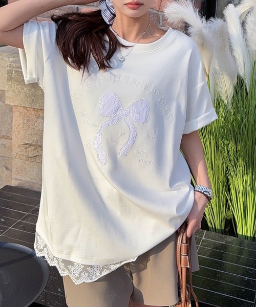 aimoha(アイモハ)の「【aimoha】立体リボンモチーフプリントTシャツ (SS)(Tシャツ/カットソー・レディース・ライトベージュ/ホワイト/ピンク/ダークグレー/ブルー・FREE)」の7枚目の写真