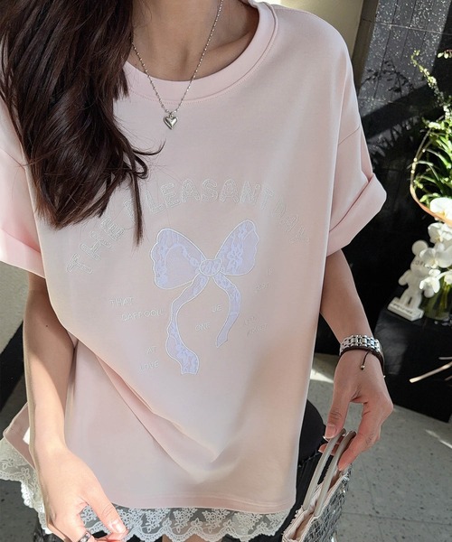 aimoha(アイモハ)の「【aimoha】立体リボンモチーフプリントTシャツ (SS)(Tシャツ/カットソー・レディース・ライトベージュ/ホワイト/ピンク/ダークグレー/ブルー・FREE)」の8枚目の写真