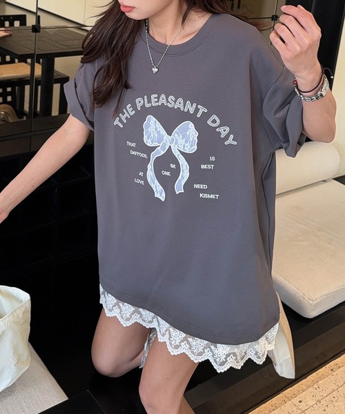 aimoha(アイモハ)の「【aimoha】立体リボンモチーフプリントTシャツ (SS)(Tシャツ/カットソー・レディース・ライトベージュ/ホワイト/ピンク/ダークグレー/ブルー・FREE)」の9枚目の写真