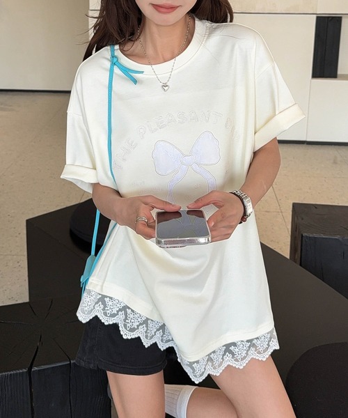 aimoha(アイモハ)の「【aimoha】立体リボンモチーフプリントTシャツ (SS)(Tシャツ/カットソー・レディース・ライトベージュ/ホワイト/ピンク/ダークグレー/ブルー・FREE)」の11枚目の写真