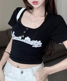 ヘンリーネックロゴプリントTシャツ 半袖