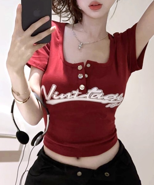 REMUR(レミュール)の「ヘンリーネックロゴプリントTシャツ 半袖(Tシャツ/カットソー・レディース・ホワイト/ブラック/レッド・FREE)」の19枚目の写真