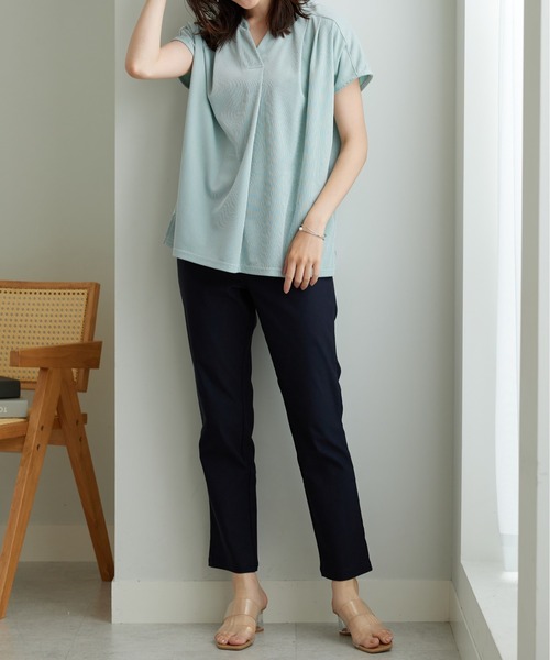 BELLUNA PLUS(ベルーナ)の「タック使いストライプ柄スキッパーブラウス(シャツ/ブラウス・レディース・グリーン/ブルー/ネイビー系・X-LARGE/MEDIUM/LARGE)」の6枚目の写真