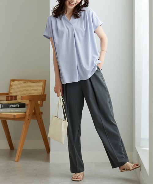 BELLUNA PLUS(ベルーナ)の「タック使いストライプ柄スキッパーブラウス(シャツ/ブラウス・レディース・グリーン/ブルー/ネイビー系・X-LARGE/MEDIUM/LARGE)」の10枚目の写真