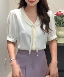 パール スカーフリング付き ボウタイ 半袖 ブラウス