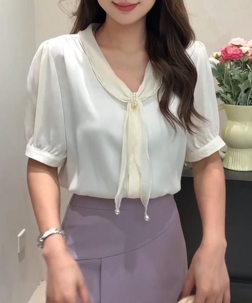 Lace Ladies(レースレディース)の「パール スカーフリング付き ボウタイ 半袖 ブラウス(シャツ/ブラウス・レディース・ピンク/ミント/アイボリー・M)」の1枚目の写真