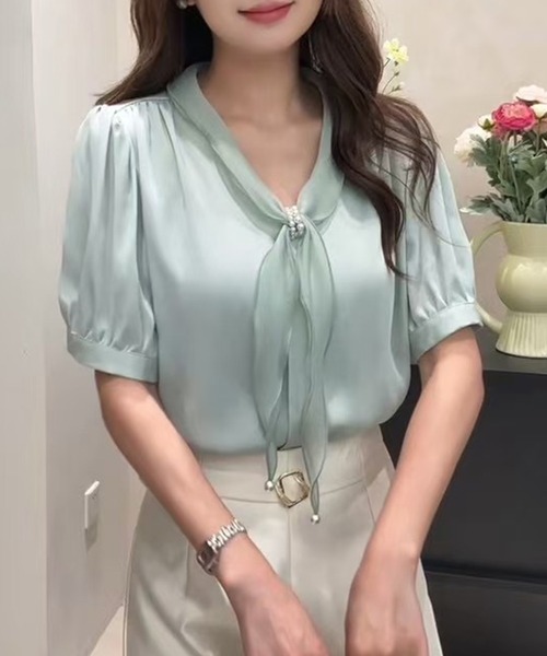 Lace Ladies(レースレディース)の「パール スカーフリング付き ボウタイ 半袖 ブラウス(シャツ/ブラウス・レディース・ピンク/ミント/アイボリー・M)」の3枚目の写真