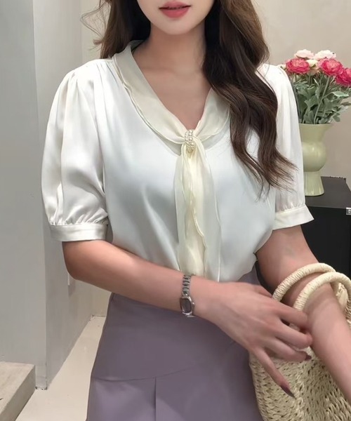 Lace Ladies(レースレディース)の「パール スカーフリング付き ボウタイ 半袖 ブラウス(シャツ/ブラウス・レディース・ピンク/ミント/アイボリー・M)」の4枚目の写真