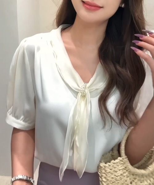Lace Ladies(レースレディース)の「パール スカーフリング付き ボウタイ 半袖 ブラウス(シャツ/ブラウス・レディース・ピンク/ミント/アイボリー・M)」の5枚目の写真