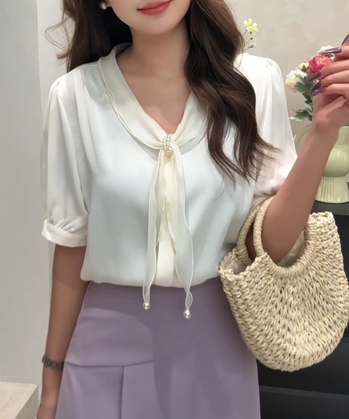Lace Ladies(レースレディース)の「パール スカーフリング付き ボウタイ 半袖 ブラウス(シャツ/ブラウス・レディース・ピンク/ミント/アイボリー・M)」の6枚目の写真