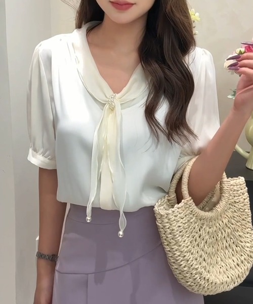 Lace Ladies(レースレディース)の「パール スカーフリング付き ボウタイ 半袖 ブラウス(シャツ/ブラウス・レディース・ピンク/ミント/アイボリー・M)」の7枚目の写真