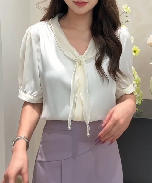 Lace Ladies(レースレディース)の「パール スカーフリング付き ボウタイ 半袖 ブラウス(シャツ/ブラウス・レディース・ピンク/ミント/アイボリー・M)」の8枚目の写真