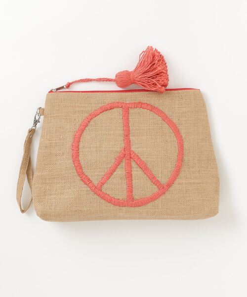 MAISON mou(メゾンムー)の「【Swaraj/スワラージ】PEACE刺繍・ジュートタッセルクラッチバッグ(手刺繍)(クラッチバッグ・レディース・オレンジ/ネイビー系/ホワイト・FREE)」の1枚目の写真