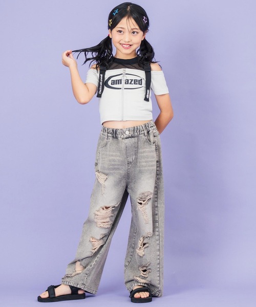 ANAP kids（アナップキッズ）の「ベルトデザイン肩あきジップトップス【ジュニアお揃い】（Tシャツ/カットソー・キッズ・ブラック/ライトグレー・130cm/120cm）」の9枚目の写真