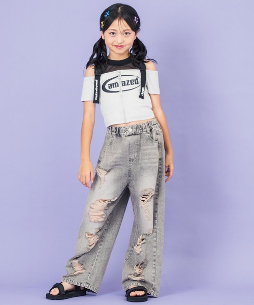 ANAP kids（アナップキッズ）の「ベルトデザイン肩あきジップトップス【ジュニアお揃い】（Tシャツ/カットソー・キッズ・ブラック/ライトグレー・130cm/120cm）」の10枚目の写真