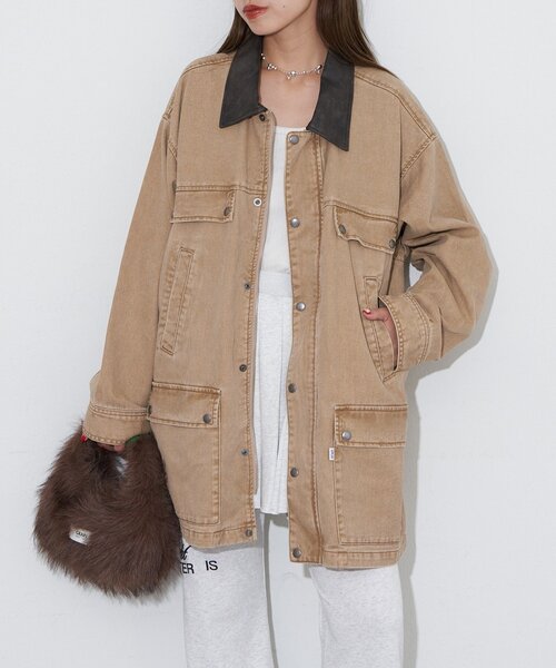 CIAOPANIC（チャオパニック）の「【ANTI WARP /アンチワープ】襟レザーデニムハンティングジャケット（ブルゾン・レディース・ベージュ/ピンク/ブルー・LARGE/MEDIUM）」の16枚目の写真