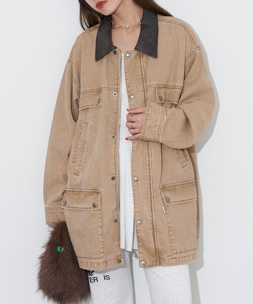 CIAOPANIC（チャオパニック）の「【ANTI WARP /アンチワープ】襟レザーデニムハンティングジャケット（ブルゾン・レディース・ベージュ/ピンク/ブルー・LARGE/MEDIUM）」の17枚目の写真