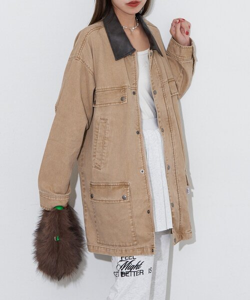 CIAOPANIC（チャオパニック）の「【ANTI WARP /アンチワープ】襟レザーデニムハンティングジャケット（ブルゾン・レディース・ベージュ/ピンク/ブルー・LARGE/MEDIUM）」の19枚目の写真