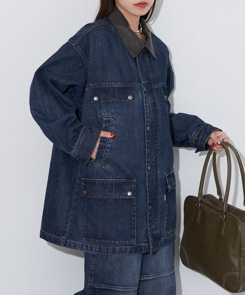 ANTI WARP /アンチワープ】襟レザーデニムハンティングジャケット