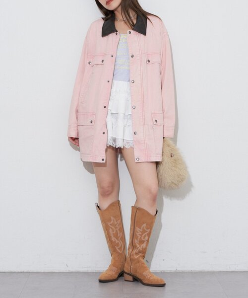 CIAOPANIC（チャオパニック）の「【ANTI WARP /アンチワープ】襟レザーデニムハンティングジャケット（ブルゾン・レディース・ベージュ/ピンク/ブルー・LARGE/MEDIUM）」の10枚目の写真