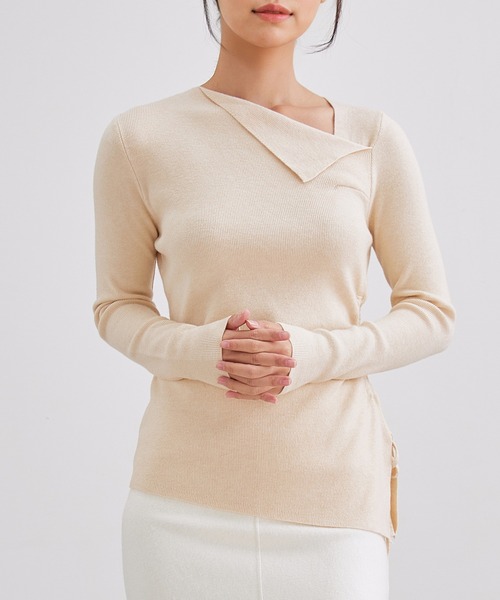 Lace Ladies（レースレディース）の「アシンメトリー サイドギャザー デザイン ニット トップス（ニット/セーター・レディース・ブラック/ベージュ/ホワイト/グレー・FREE）」の4枚目の写真